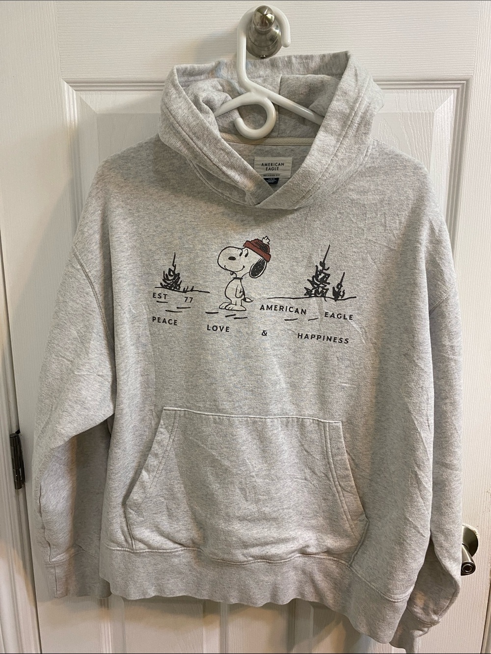 American Eagle Snoopy Holiday Christmas Sweatshirt Grey Hoodie Men’s Size Large
